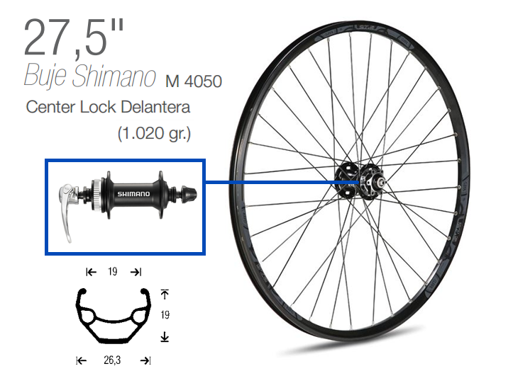 RUEDA BICICLETA DELANTERA 27,5 NEGRA RM435 CENTER LOCK